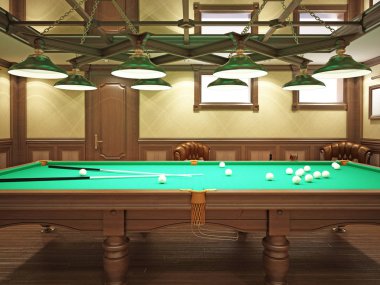 Bilardo salonu ahşap dekorasyonu ile klasik tarzı. 3D render.