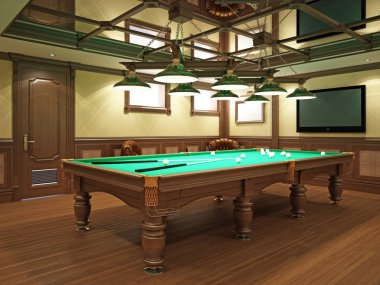 Bilardo salonu ahşap dekorasyonu ile klasik tarzı. 3D render.