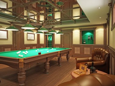Bilardo salonu ahşap dekorasyonu ile klasik tarzı. 3D render.