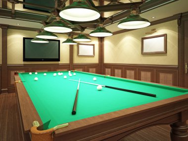 Bilardo salonu ahşap dekorasyonu ile klasik tarzı. 3D render.