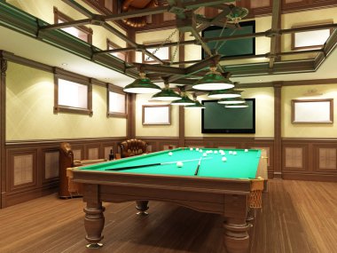 Bilardo salonu ahşap dekorasyonu ile klasik tarzı. 3D render.