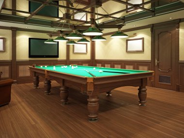 Bilardo salonu ahşap dekorasyonu ile klasik tarzı. 3D render.