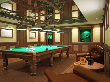 Bilardo salonu ahşap dekorasyonu ile klasik tarzı. 3D render.