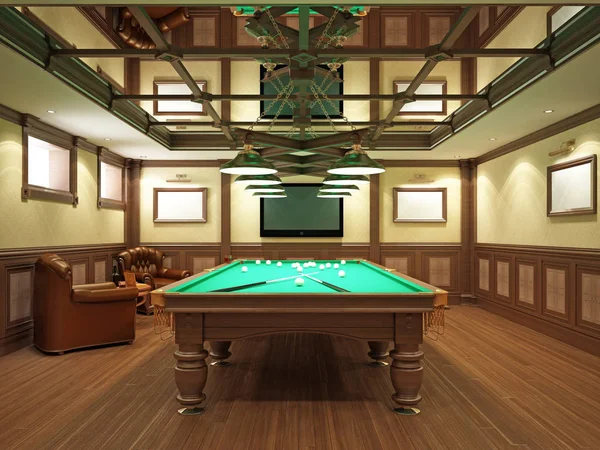 Bilardo Salonu Ahşap Dekorasyonu Ile Klasik Tarzı Render — Stok fotoğraf