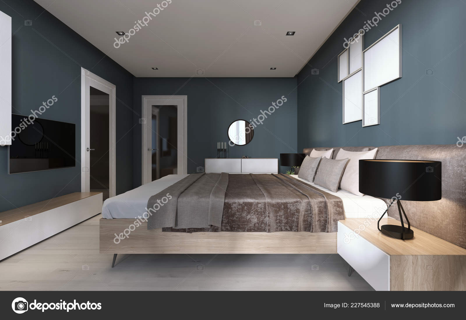 Contemporary Bedroom Dark Blue Walls Light Furniture Two