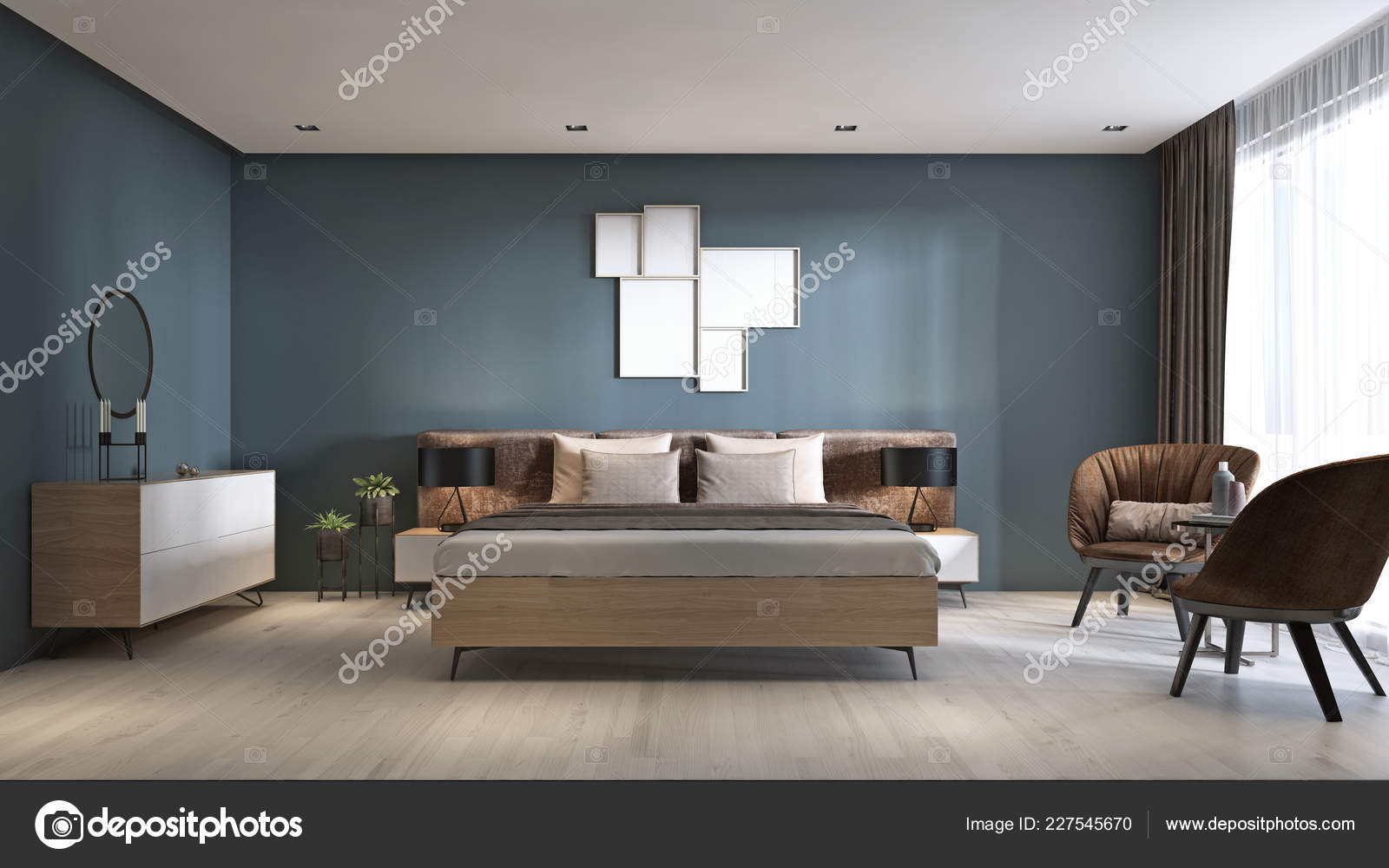 Contemporary Bedroom Dark Blue Walls, Dark Room Light Furniture
