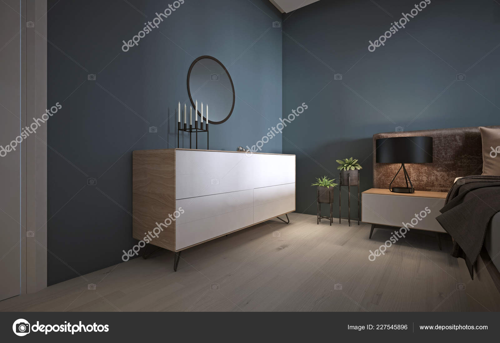 White Modern Chest Drawers Mirror Dark Wall Bedroom Rendering