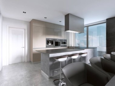 Çağdaş mutfak büyük pencereler ve bar tabureleri ile ada ile. 3D render.