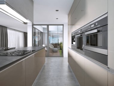 Çağdaş mutfak büyük pencereler ve bar tabureleri ile ada ile. 3D render.