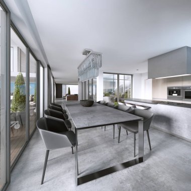 Büyük modern çağdaş mutfak yemek masası. 3D render
