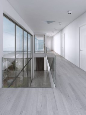 Koridor büyük pencereler ile modern bir evde. 3D render