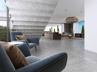 İki modern koltuk pencerenin merdivenlerin altında. 3D render.