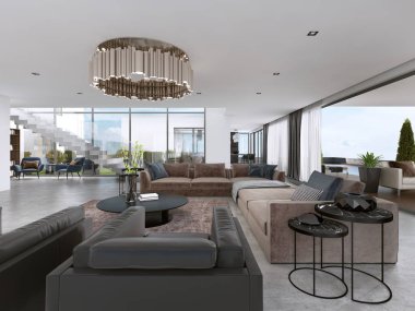 Büyük modern oturma odası açık alan modern bir tarzda. 3D render