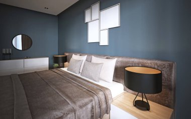 Modern bir yatak yumuşak yatak başı bir gece masa, bir lamba ve çiçeklik yakınındaki ile. 3D render.