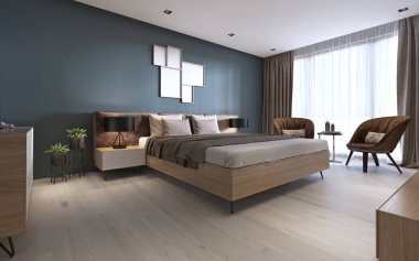 Modern yatak odasında koyu renkler. 3D render