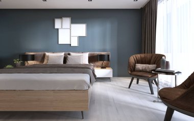 Modern yatak odasında koyu renkler. 3D render