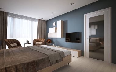 Modern yatak odasında koyu renkler. 3D render