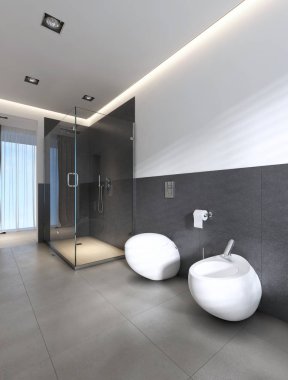 Çağdaş banyo duş ve banyo beyaz ve gri renklerde. 3D render