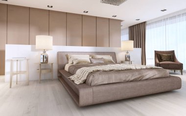 Lüks modern yatak odası ışık pastel renklerde renk. 3D render