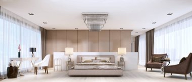 Lüks modern yatak odası ışık pastel renklerde renk. 3D render