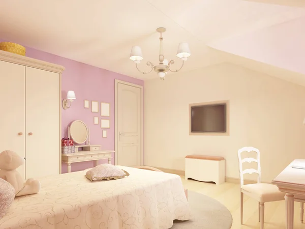 Çocuk Odası Klasik Bir Tarzda Bir Kız Için Işık Render — Stok fotoğraf