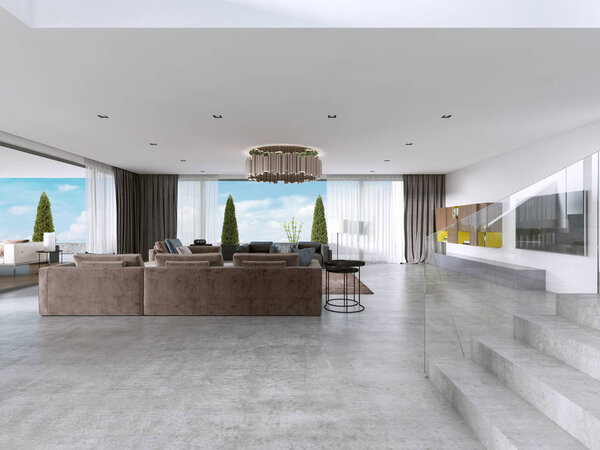 Large modern living room open space in a modern style. 3D rendering