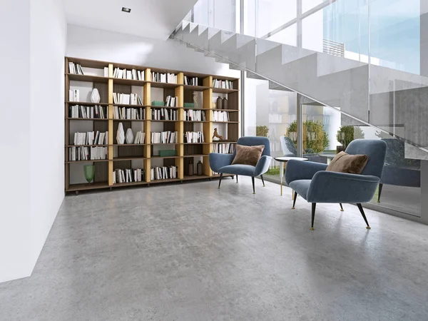 Schappen Van Bibliotheek Met Boeken Moderne Kamer Grote Ramen Onder — Stockfoto