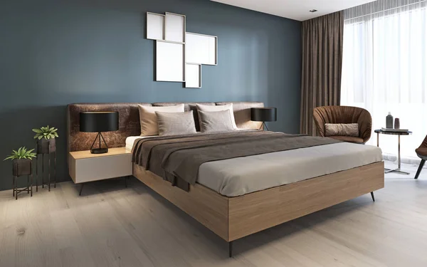 Dormitorio Contemporáneo Con Paredes Color Azul Oscuro Muebles Ligeros Dos —  Fotos de Stock