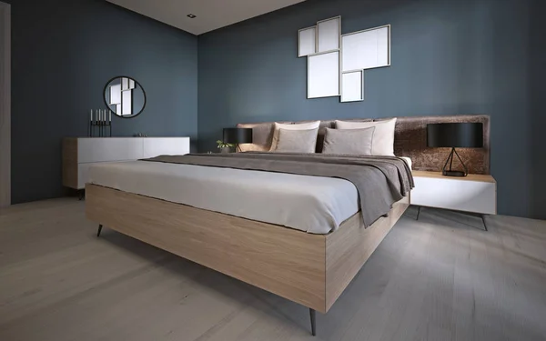 Dormitor Contemporan Pereți Albastru Închis Mobilier Ușor Două Scaune Maro — Fotografie, imagine de stoc