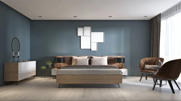 Kamar Tidur Kontemporer Dengan Dinding Biru Tua Dan Furnitur Ringan — Stok Foto