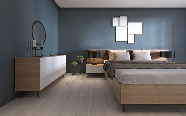 Modern bedroom in dark colors. 3D rendering