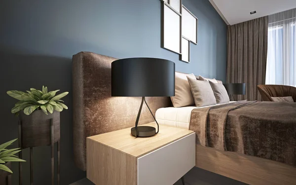 Gece Komodinde Modern Yatak Odası Bir Ampul Ile Render — Stok fotoğraf