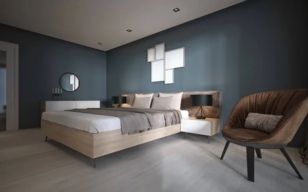 Modern bedroom in dark colors. 3D rendering