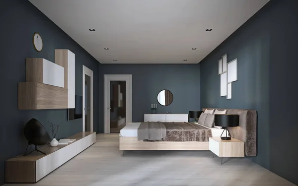 Moderne Slaapkamer Donkere Kleuren Rendering — Stockfoto