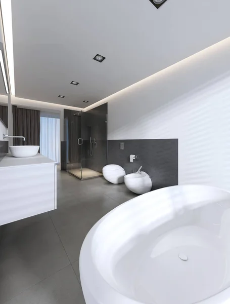 Baño Contemporáneo Con Ducha Bañera Colores Blanco Gris Renderizado —  Fotos de Stock