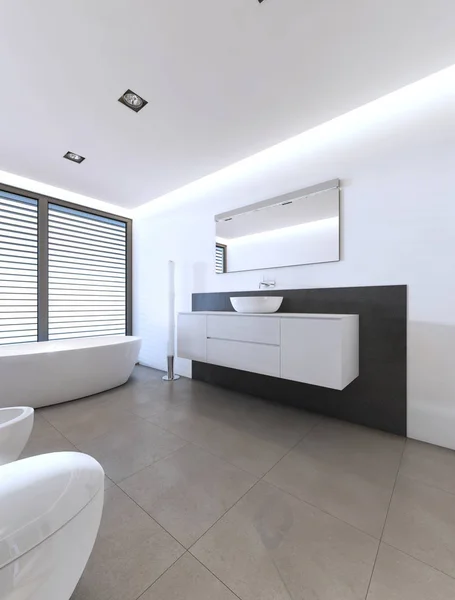 Baño Contemporáneo Con Ducha Bañera Colores Blanco Gris Renderizado — Foto de Stock