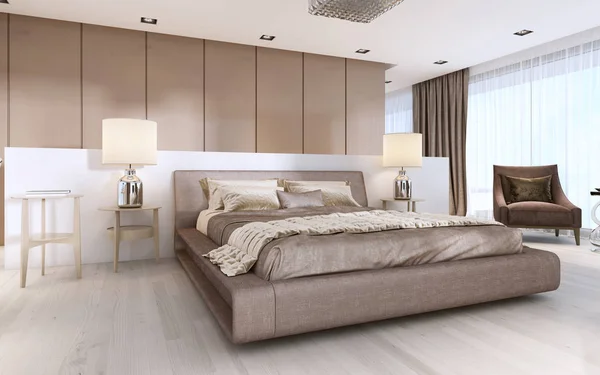 现代风格的大床 床头柜和灯具 — 图库照片