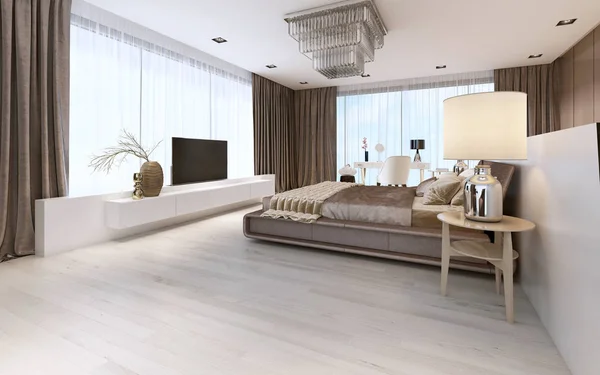 Luxurious modern master bedroom in light colors in pastel colors. 3D rendering