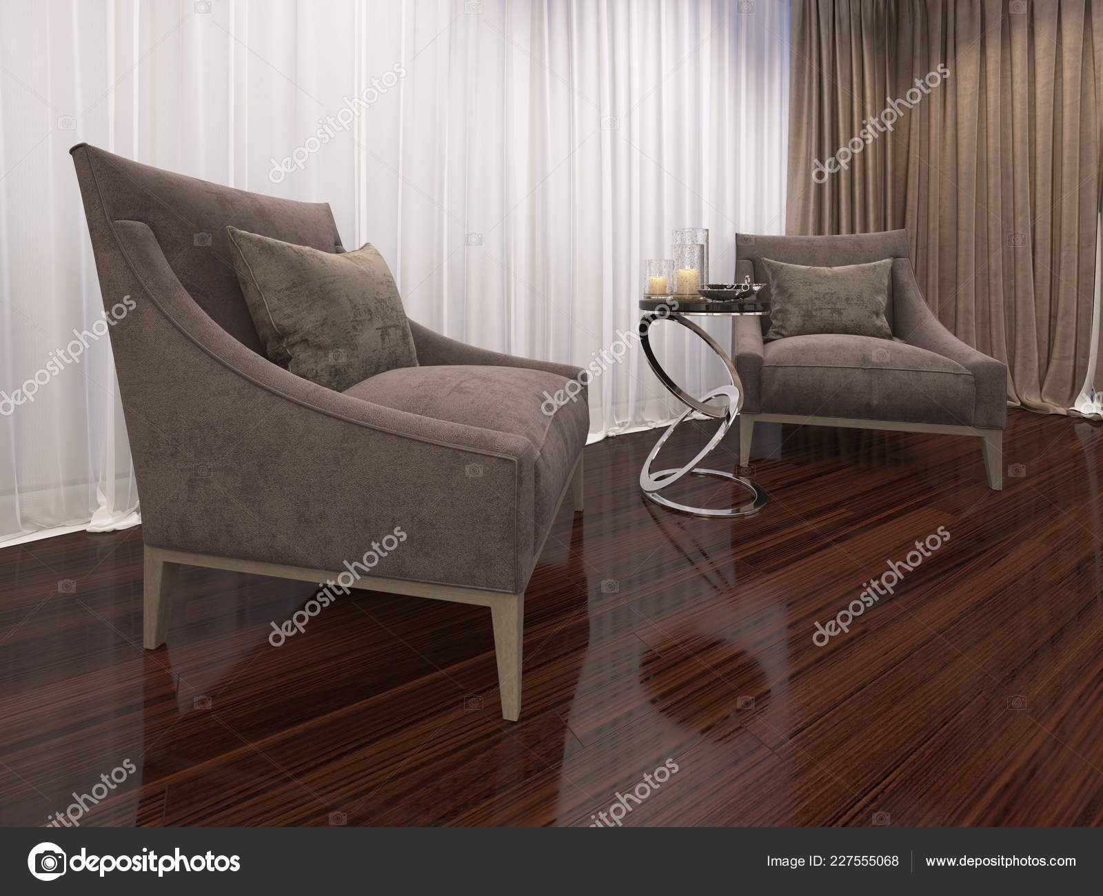 Two Luxurious Soft Armchairs Evening, Art Deco Style Laminate Flooring