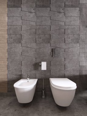 Bide ve tuvalet gri bir arka plan üzerine fayans dokulu. 3D render