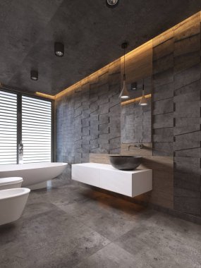 Tavan aydınlatma ile koyu tonlarda çağdaş banyo. 3D render