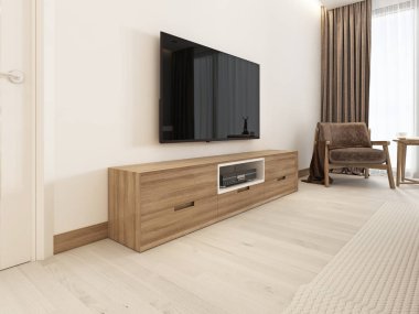 Modern Tv Ünitesi bir İskandinav yatak odasında. 3D render