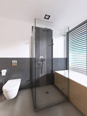 İskandinav tarzı ahşap mobilyalar ile modern banyo. 3D render