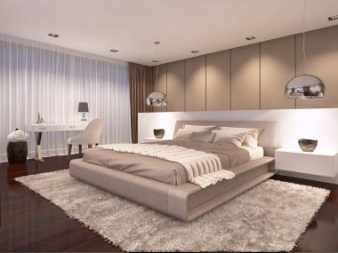 akşam hafif çağdaş tarzda lüks yatak odası. 3D render
