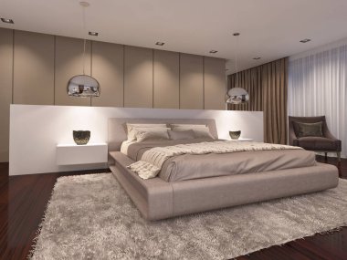 akşam hafif çağdaş tarzda lüks yatak odası. 3D render