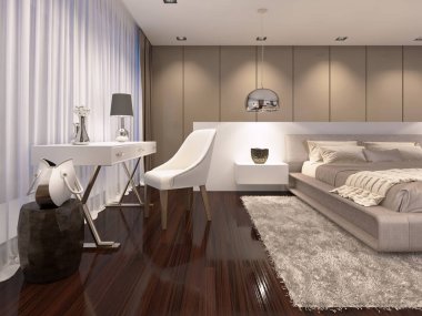 Tuvalet masası yatak odası tarzı art deco beyaz renkte bir ayna ile. 3D render