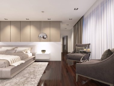 akşam hafif çağdaş tarzda lüks yatak odası. 3D render