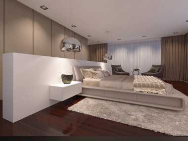 akşam hafif çağdaş tarzda lüks yatak odası. 3D render
