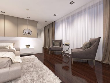 Akşam yatak, art deco tarzında iki lüks yumuşak koltuk. 3D render