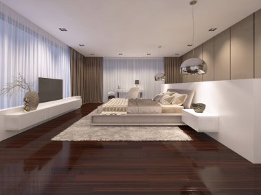akşam hafif çağdaş tarzda lüks yatak odası. 3D render